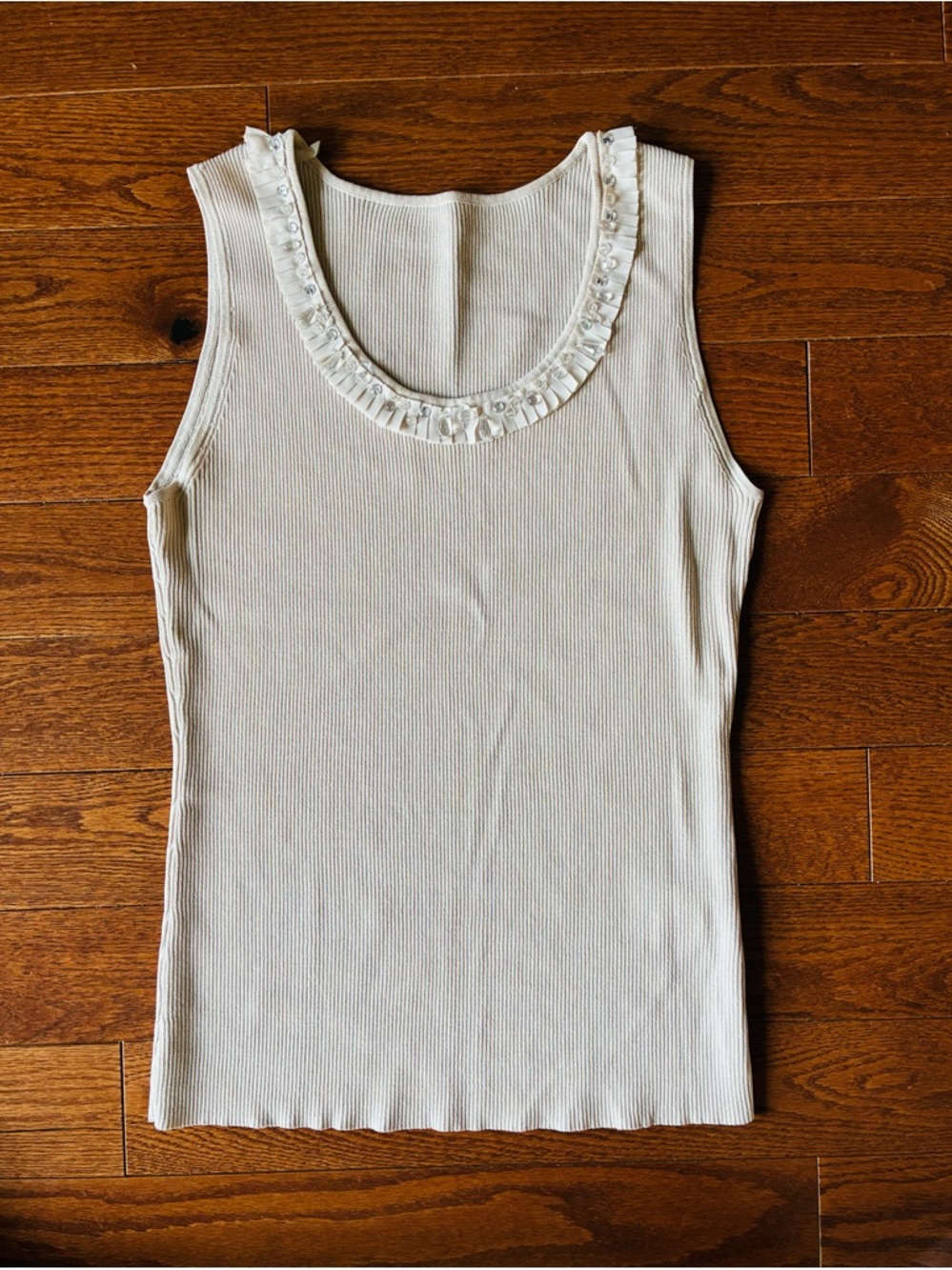 Ruby Rd. Cream Ribbed Tank with Ruffle Trim